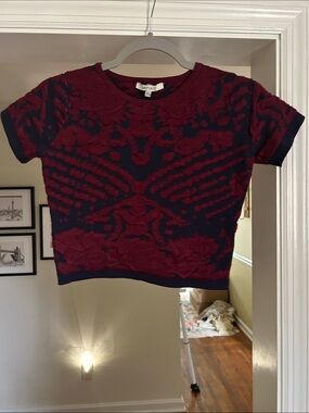 Lucy Paris Navy and Red Short-Sleeve Textured Crop Tee